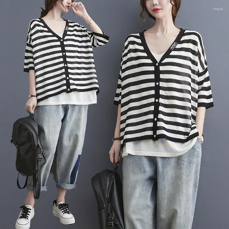 

Women's T Shirts Fake Two Piece Knitted Top Women's Summer 2023 Loose Thin V-neck Striped Half Sleeve T-shirt Fashion, Black