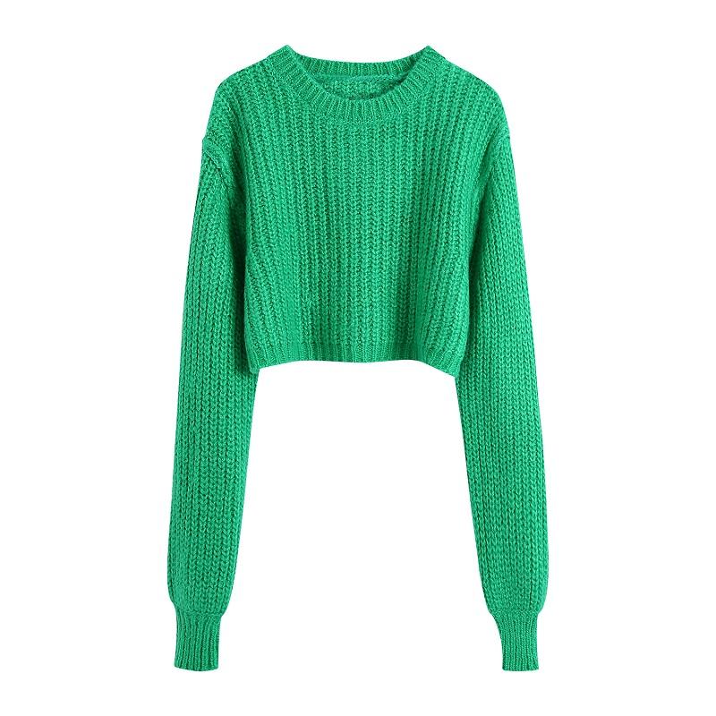 

Women' Sweaters ZXQJ Women 2023 Fashion Base Green Knit Cropped Sweater Vintage O Neck Puffy Sleeve Female Pullovers Chic Tops, Picture shown