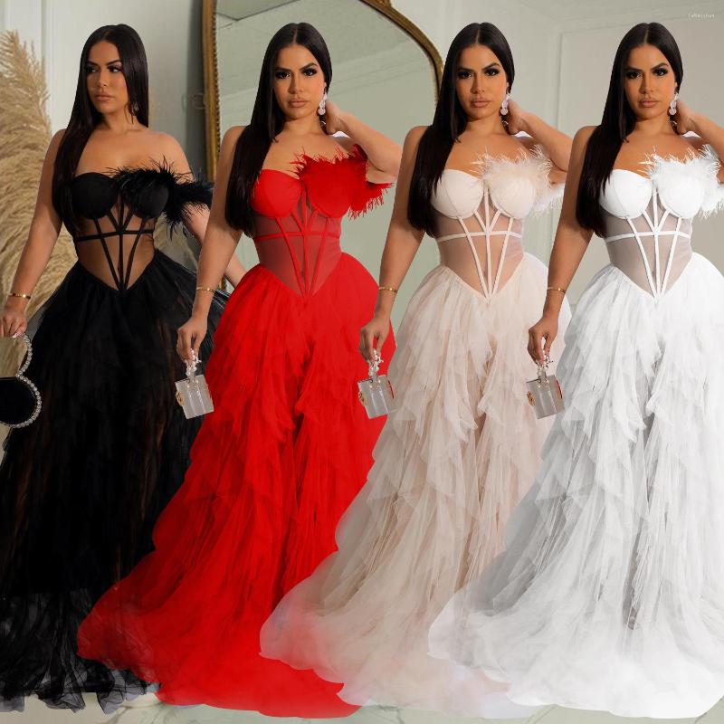 

Casual Dresses Sexy Lase Voile Corset Chest Fashion Women' Solid Color Sleeveless Wrapping Mesh Long Dress Summer Fit Flare