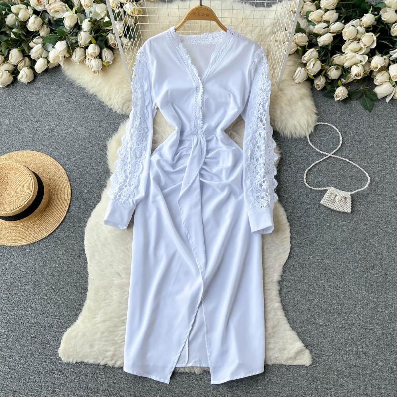 

Casual Dresses Spring V-neck French Lace Openwork Long Sleeve Wrap Hip Dress Women Fashion Elegant Clothes Vestidos J371, Black