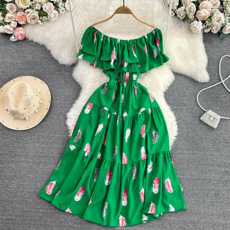 

Party Dresses Summer Off Shoulder Open Lotus Leaf Edge Wrapped Waist A-line Print Dress Beach Vacation Big Swing Long, Black