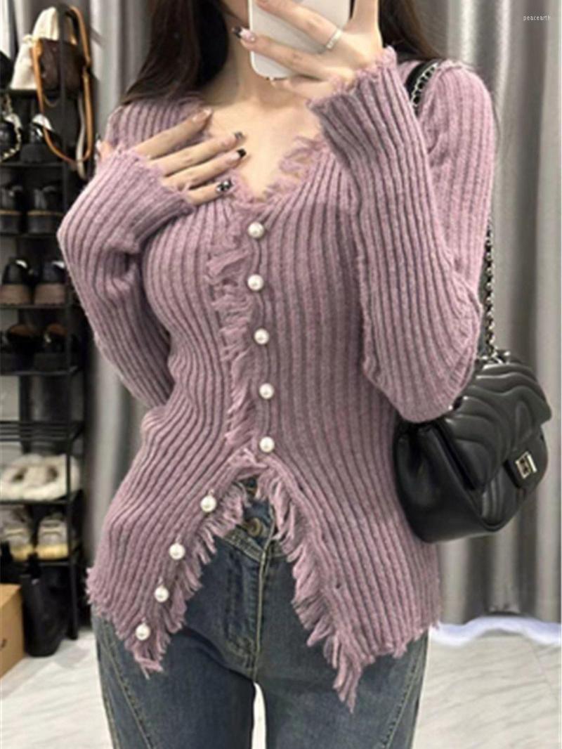 

Women' Knits Womens Clothes Purple Cardigan Sweater V-neck Fashion Vintage Spring Design Female Knitting Long Sleeves Tops Cardigans, Violet