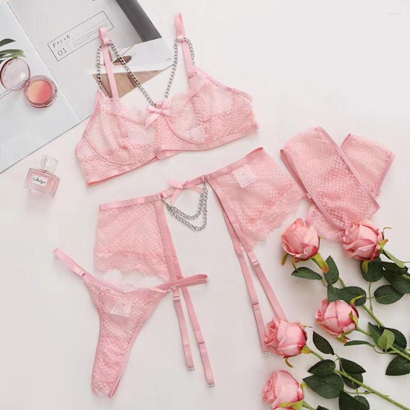 

Bras Sets Mesh Eyelash Lace Chain Bowknot Waist Seal Bra And Panty Set Girl High Quality Lingerie Briefs Prospective Bralette Large S, As photoes showes