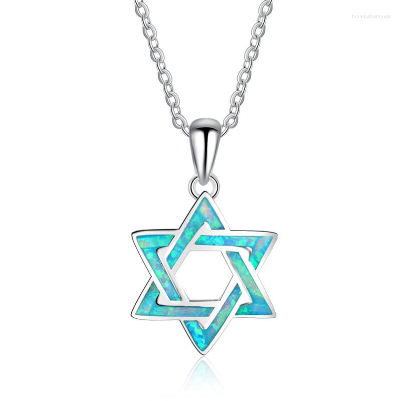 

Pendant Necklaces Creative Star Blue Opal Stone Necklace Geometric Hexagram Trendy Silver Color Chain For Women Jewelry