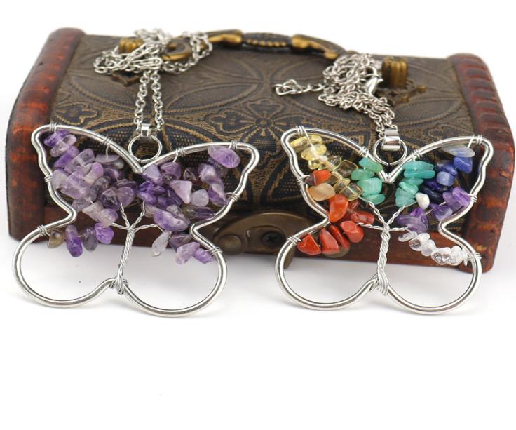 

Butterfly Pendant Necklaces Women Handmade Natural Stone Life of Tree Crystal Quartz Amethyst Agate Chakra Reiki Healing Gemstone 8036828