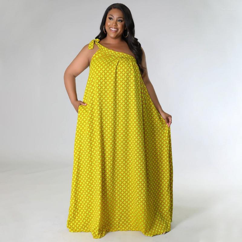 

Plus Size Dresses KEXU Women Dress Print One Shoulder Asymmetrical Maxi Long Female Loose Elegant Vestidos Summer Beach Style, Yellow