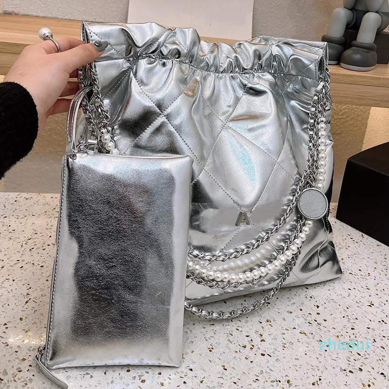 

2023-Designer Women Hobo Quilted Tote Shopping Bag France Luxury Brand Pearls Chain Drawstring Gold Handbag Lady Silver Oil Wax Leather Large Shoulder Bags Coin