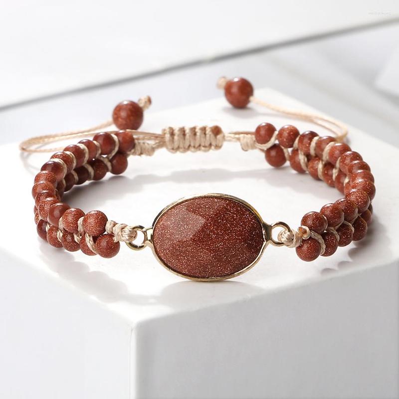 

Strand 4mm Mini Beads Bracelets Fashion Goldstone Sandstone String Wrap Women Handmade Braided Bangles Men Boho Wrist Jewelry