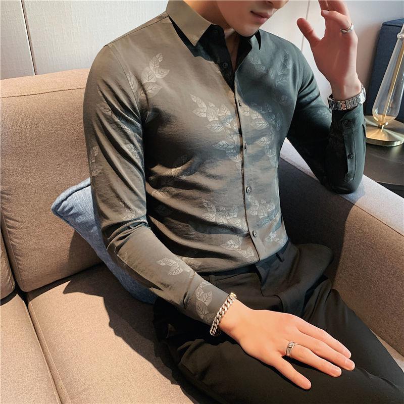 

Men's Casual Shirts Leaf Luxury Print Designer Long Sleeve Dress Slim Fit Night Club Party Social Shirt Camisa 2023 Men ShirtMen's, Black
