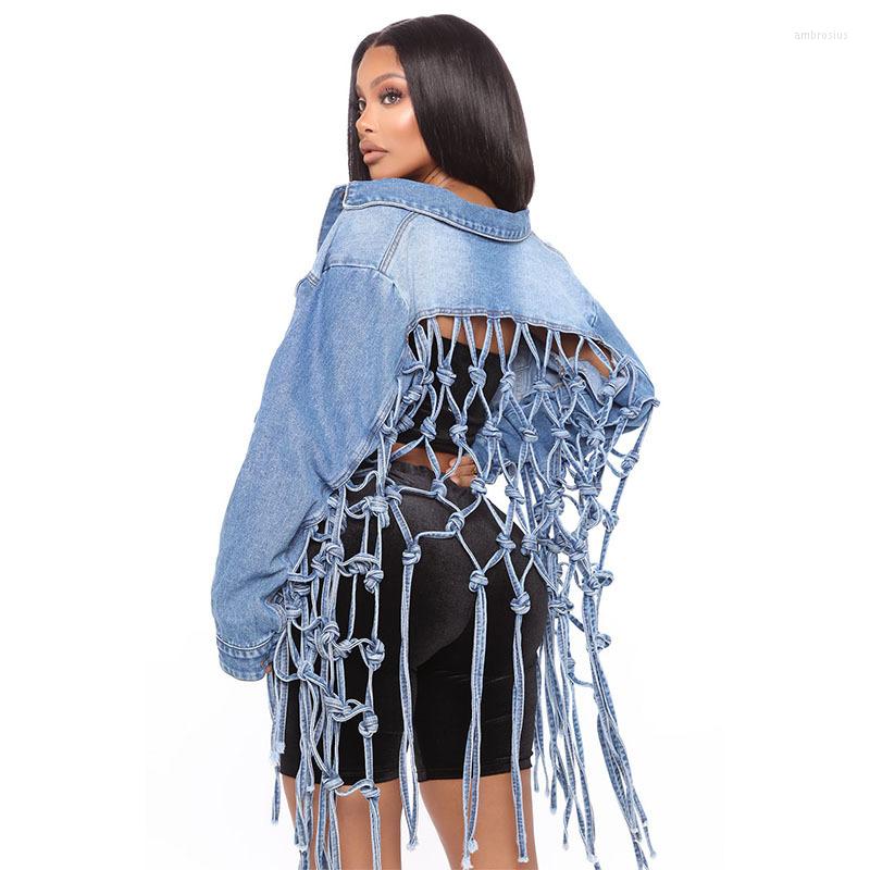 

Women's Jackets Back Mesh Tassel Denim Jacket Female Jean Woman, Light blue