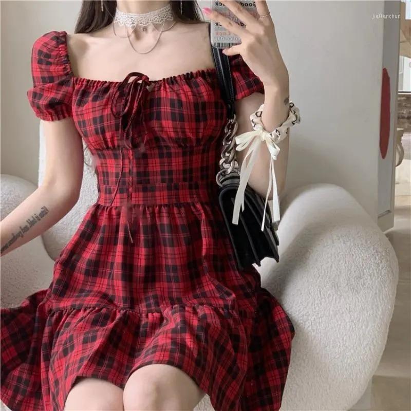 

Casual Dresses Red Plaid Dress Summer Women' French Classic Small Bubble Sleeves Sweet First Love