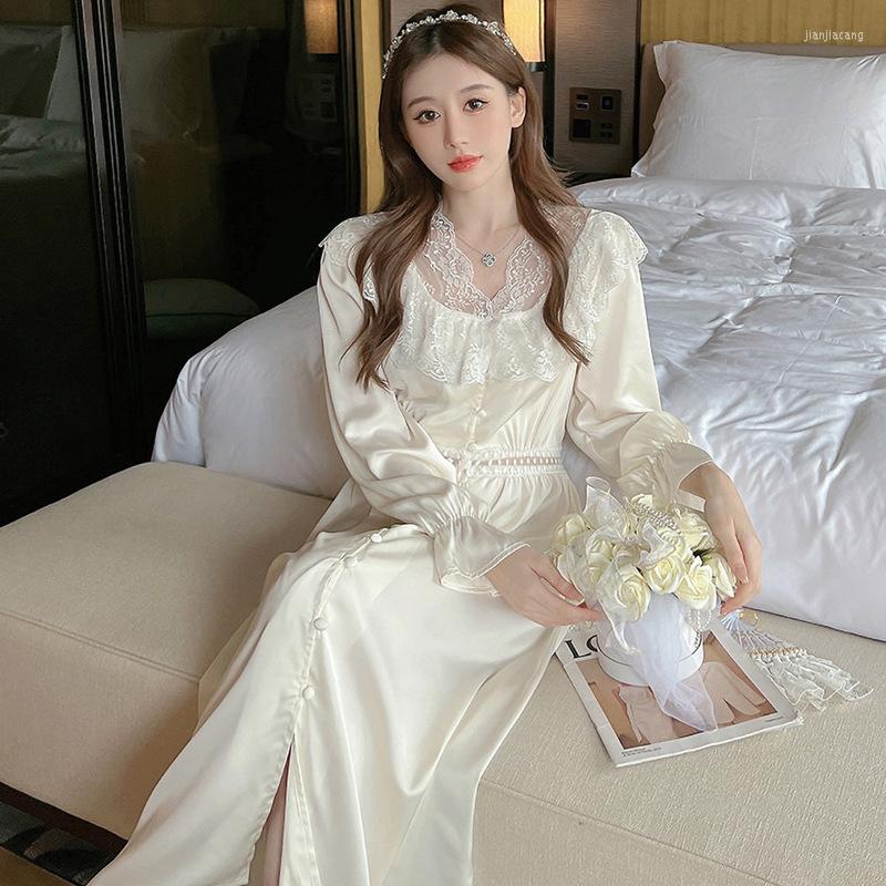 

Women's Sleepwear Women's Silk Negligee Court Korean Nightwear Satin Nightdress Loungewear Retro Long Gowns French Princess Night Dress, Beige