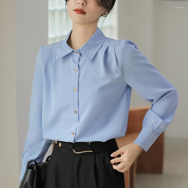 

Women' Blouses Solid Color Office Lady Chiffon Shirts Bottoming Spring Summer Long Sleeve Womans Blouse Elegant Tops Blusa Mujer, Blue