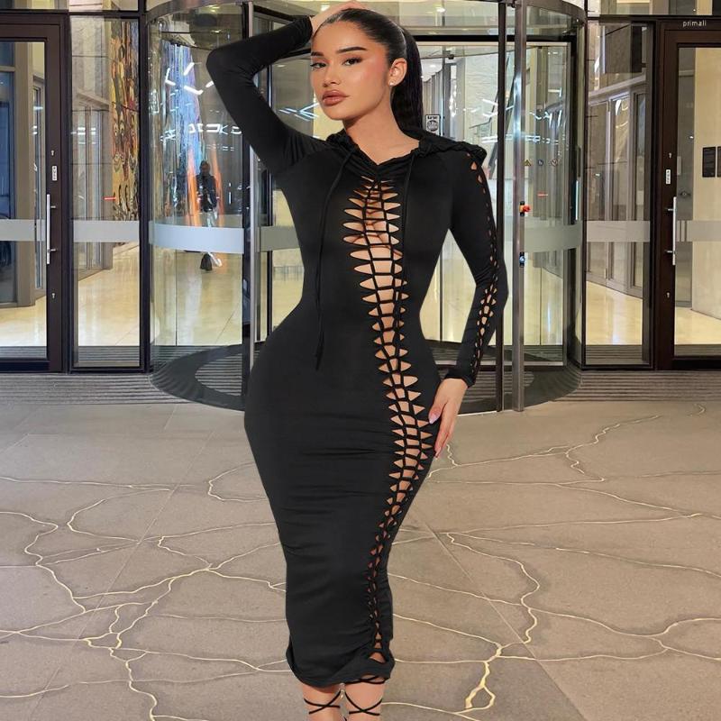 

Casual Dresses Sexy Hollow Out Bandage See Through Bodycon Midi Dress Women Long Sleeve Hooded Skinny Party Vestidos 2023 Spring Fall, Black