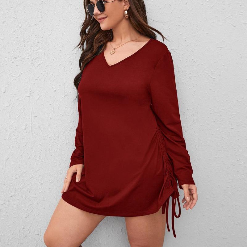 

Casual Dresses 2023 Summer Large Dress Side Drawstring Long Sleeve V-neck Skirt, Black