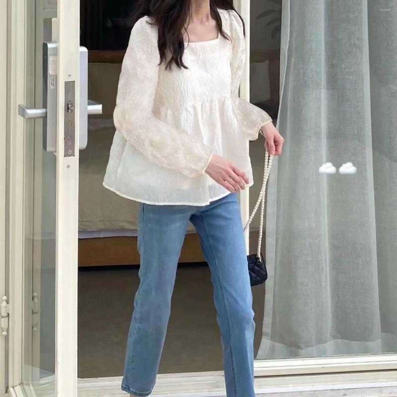 

Women's Blouses Oversized Womens Chiffon Spring Square-Neck Solid Color Long Sleeve Shirt Loose Female Tops Blousas A519, 859 apricot short