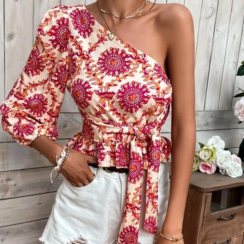 

Women's T Shirts 2023 Summer One Shoulder Sexy Women Blouse Red Shirt Lace Up Bowknot Solid Short Bandage Cropped Tops Orange Green Blusas, Blue