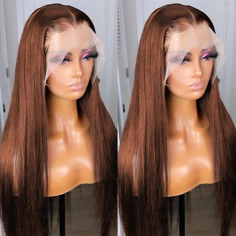 

Chocolate Brown Lace Front Human Hair Wigs For Women Bone Straight 13x4 Wig Colored Frontal Remy, Picture shown