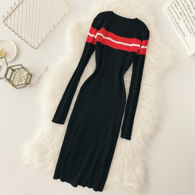 

Casual Dresses Amolapha Woman Knit Striped Dress Long-sleeved Knitted Vestido, Black