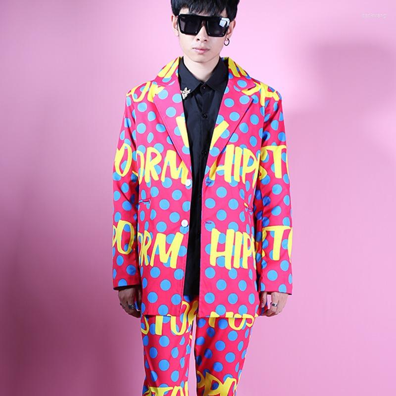 

Men's Suits Korean Style Trendy Men Pink Letter Pattern Loose Blazers Suit Bar Nightclub Male Singer Concert Stage Rap Hip Hop Costume, Set
