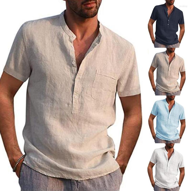 

Men's Casual Shirts Men Summer Fashion Mens Clothing Short Sleeve Solid Color Collarless Pocket Button Neck Shirt, Blue