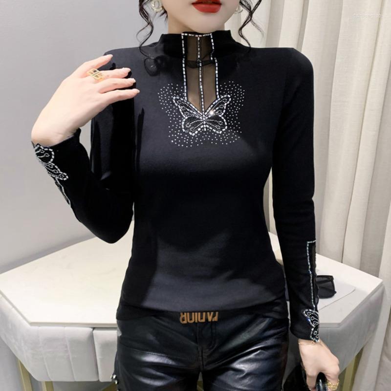 

Women's T Shirts Spring Autumn Turtleneck Shirt Women Diamonds Tight Stretch T-Shirt Ladies Thick Hollow Out Spliced Mesh Tee Femme, Black