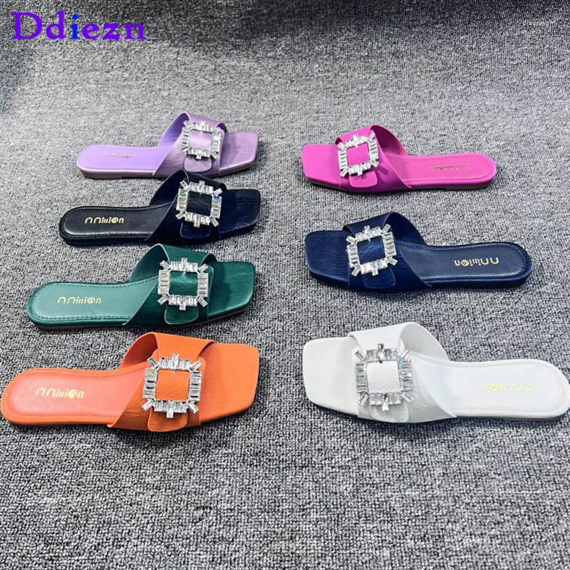 

Slippers 2023 Summer Ladies Black Casual Slides Footwear Square Toe Female Shoes Outside Elegant Flats Women Flip Flops, Dark green