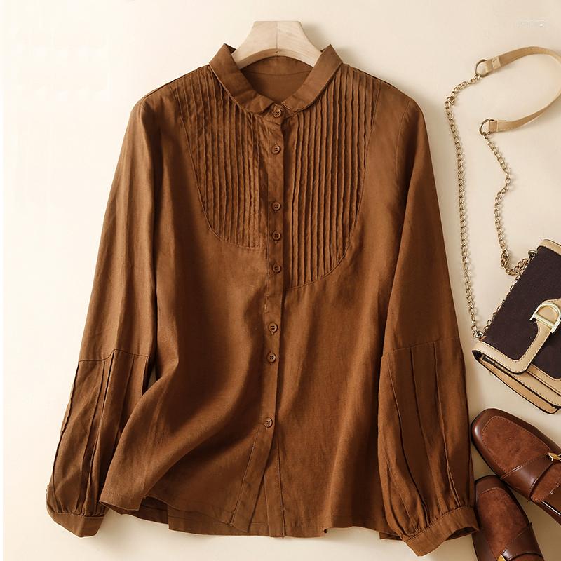 

Women's Blouses Literary Vintage Cotton Linen Womens Hongkong Style All Match Office Lady Accordion Pleats Shirts Tops For Women, Green