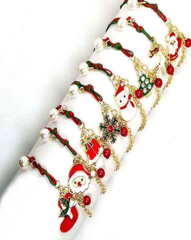 

2022 Christmas Theme Braided Rope Bracelet Santa Claus Elk Xmas Tree Alloy Pendant Women Kid Gifts Party Jewelry7363033