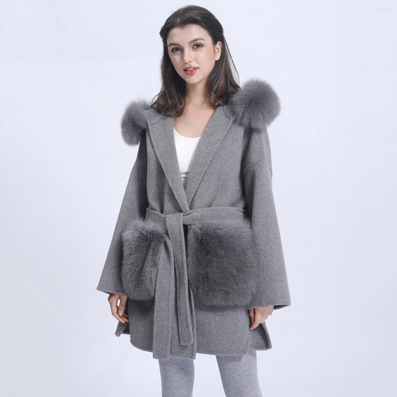 

Women's Wool MISSJANEFUR Cashmere Fur Coat Women Fashion Caual Trim Hood Jacket With Big Pockets Loose Belted, Purple