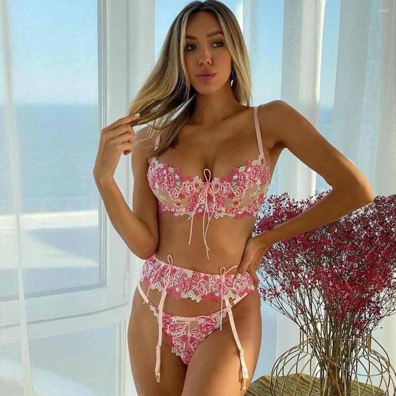 

Bras Sets Fancy Lingerie 4 Pieces Floral Embroidery Lace Underwear Luxury Bra And Panty With Garter Brief Sexy Outfit Porn Intimate, Pink