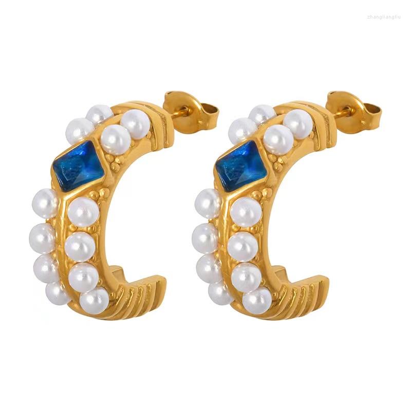 

Hoop Earrings Style Blue Zircon Pearls Stud Jewelry For Girls