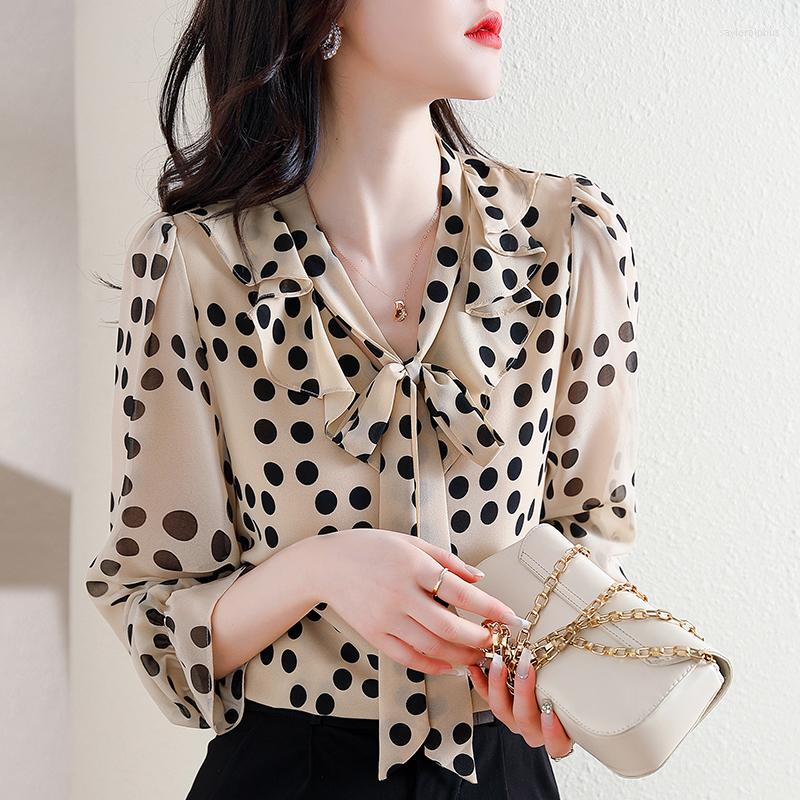 

Women's Blouses Chikichi 2023 Chiffon Polka Point Vintage Tops Long-sleeved Pullover Korean Fashion Bow Loose Elegant And Youth Woman, Apricot