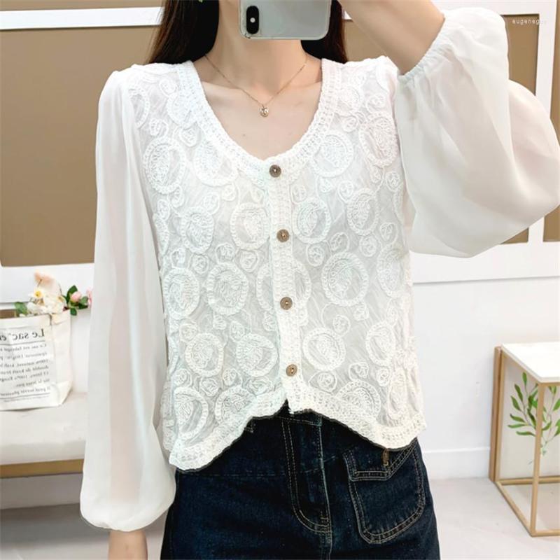 

Women's Blouses Spriing Summer Crochet Tops For Women Long Sleeve Blouse White Shirt Bohemain Clothing Fashion, Beige