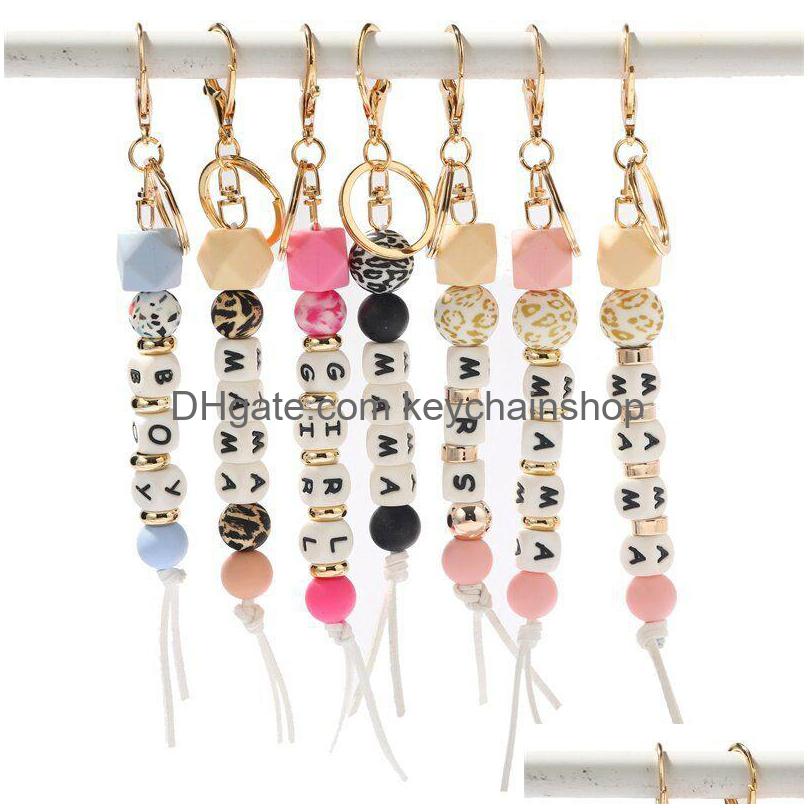 

Key Rings Sile Beaded Keychain Party Favor Mama Mrs Girl Boy Letter Chain Car Pendant Womens Jewelry Bag Accessories Mothers Day Gif Dhg1E