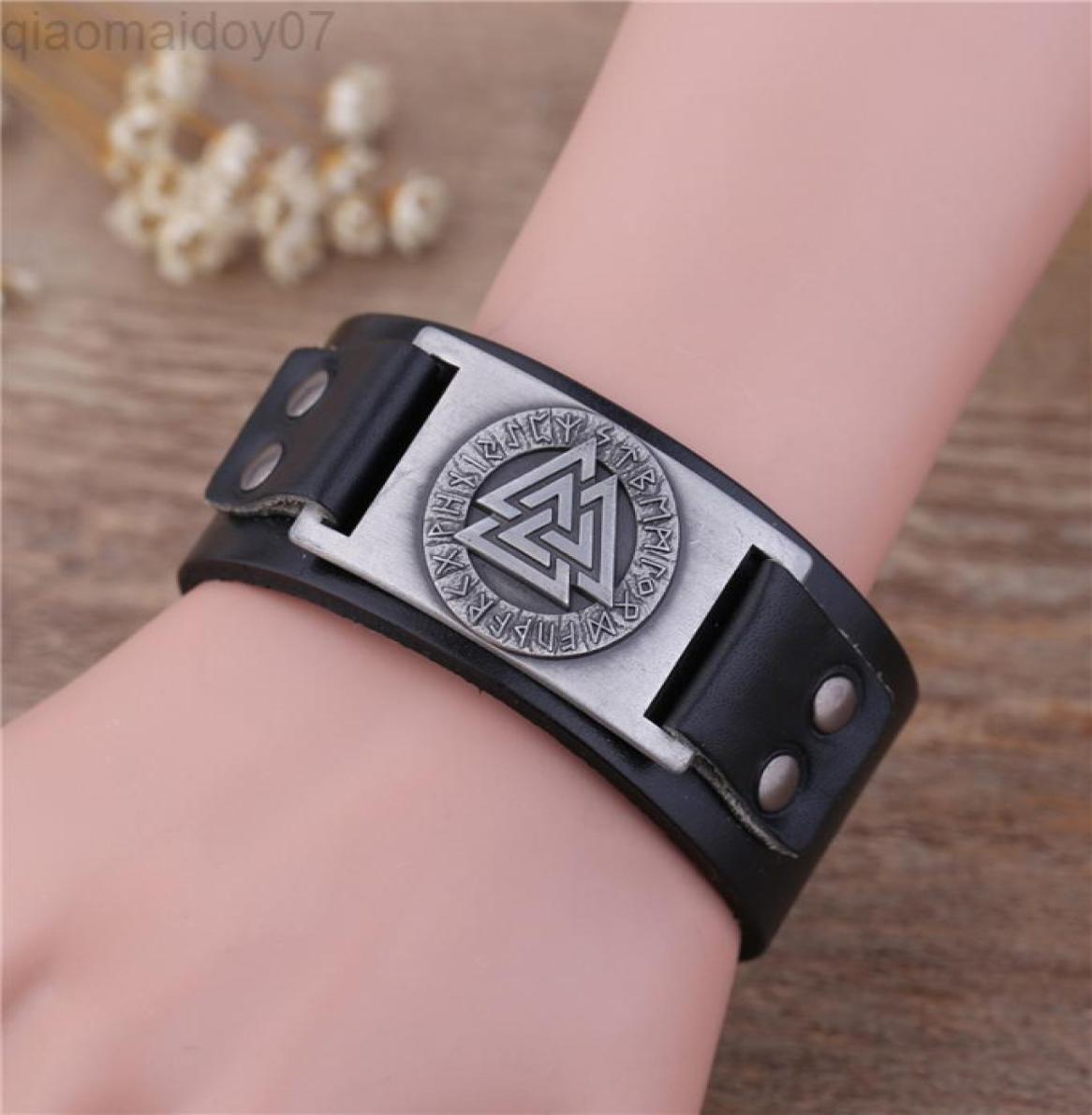 

Skyrim Punk Valknut Nordic Leather Bracelet With Viking Runes Totem Metal Charms Adjustable Vintage Wristband Leather Bracelet L227914104