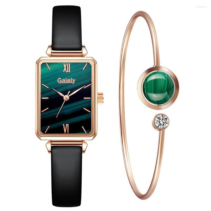

Wristwatches Top Women Watches Fashion Square Ladies Quartz Watch Bracelet Set Green Dial Simple Rose Gold Leather, Brown