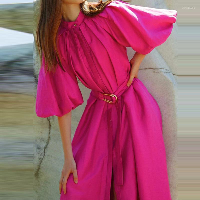 

Party Dresses Fashion Runway 2023 Spring Summer Midi Dress Design Women Rose Red White Short Sleeve With Belt Slim Elegant