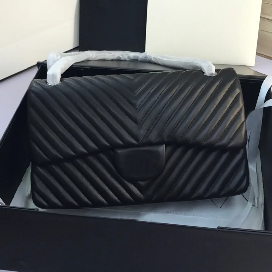 

9A Designer Bags Real Sheepskin Luxury V-Stripe Chain Purse Handmade Quilted Messenger Handbags, Black