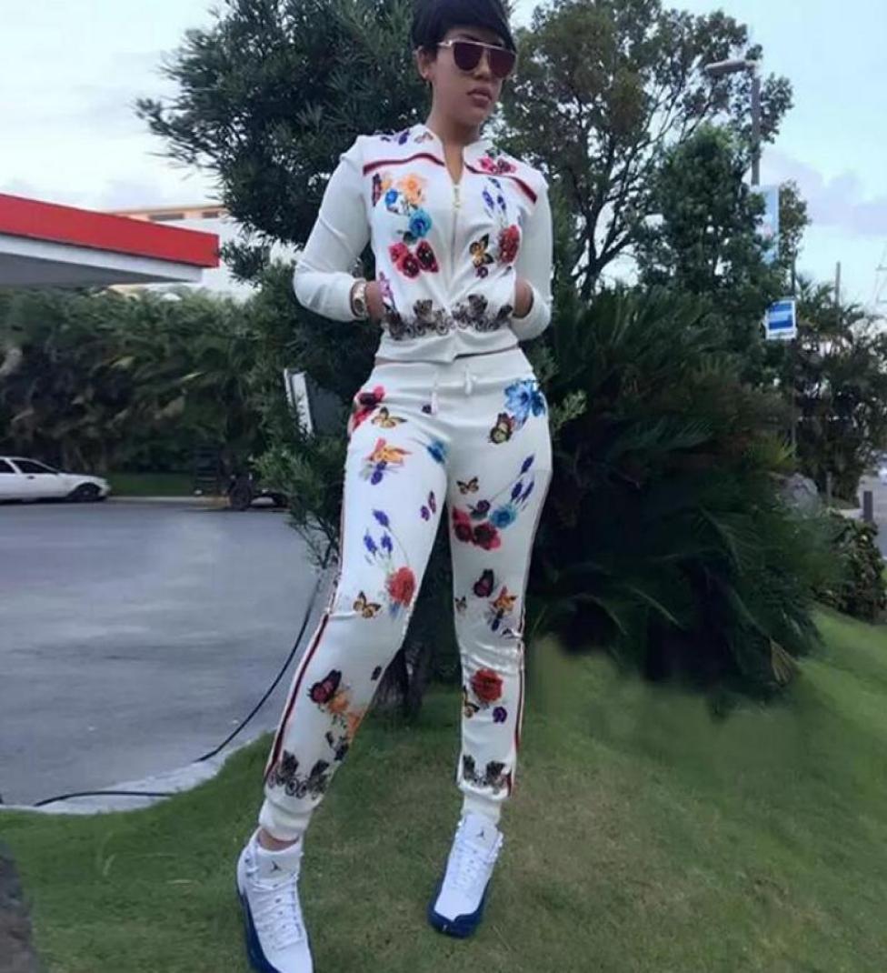 

TWO PIECE SET Print Butterfly Flower Tracksuits Runway Jacket Joggers Matching Pants Women Clothing Track Suits Winter Ensemble5614303, White