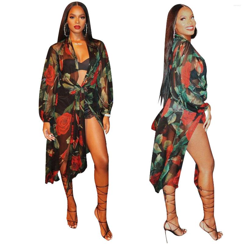 

Casual Dresses Floral Print Summer See Through Mesh Dress Women' Mid-length Thin Coat Lace-up Shawl Lady Cardigan Beach Wear Cover Ups, Black