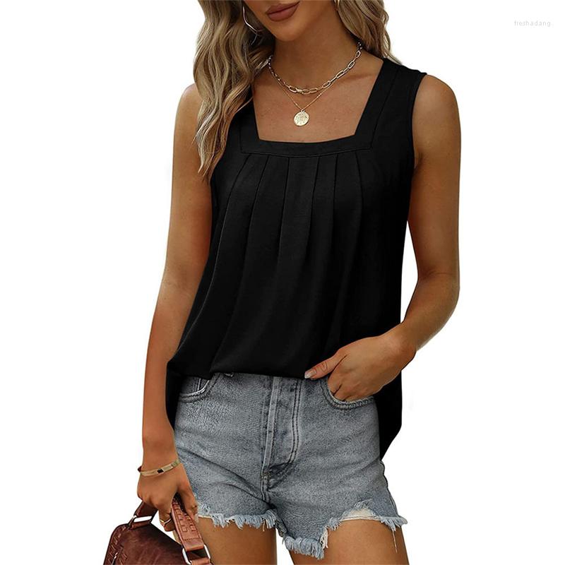 

Women's T Shirts 2023 Women's Pleated Square Neck Sleeveless Vest Comfortable Solid Ladies T-shirt Beach Leisure Cloth, Black