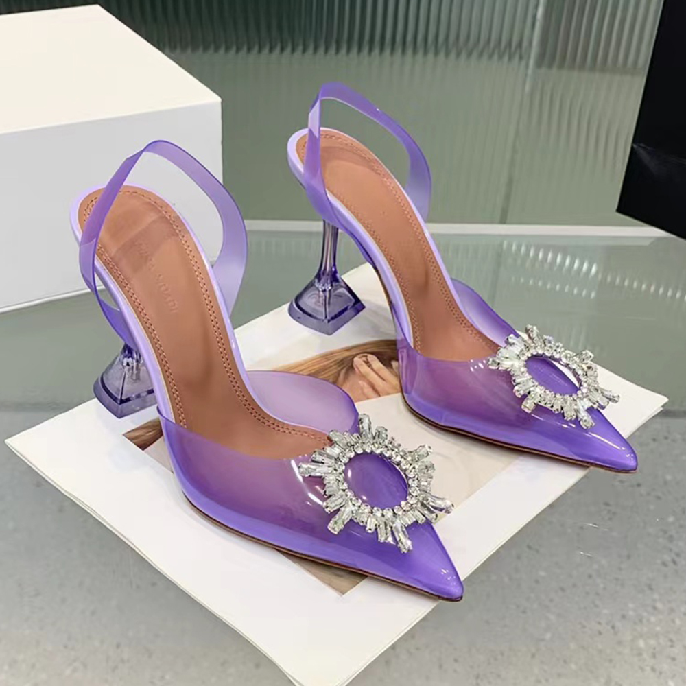 Décoration strass Slingback Chaussures habillées Talon en cristal PVC Bout pointu Pompes Chaussures de soirée pour femmes Designer de luxe Talons