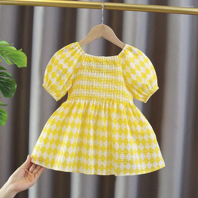

Girl Dresses Sweet Suummer Girls Kids Princess Dress Short Sleeve Baby Infants Plaided Backless Vestidos ADK2372, Yellow