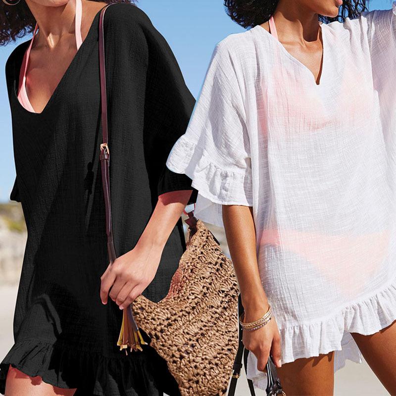 

Women's Swimwear Beach Cover Up Chiffon Solid Ladies Walk On The Sexy Saida De Praia WearWomen's, Pj2121 black