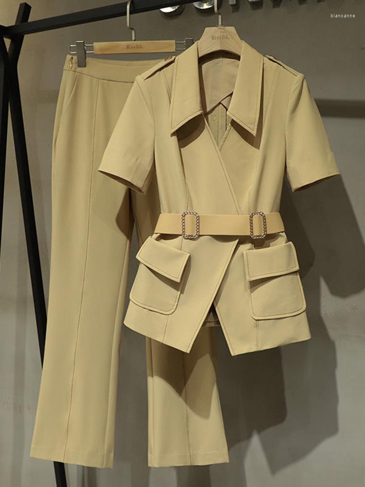 

Women' Two Piece Pants Korean Fashion Set Short Sleeve Blazers Coat Belt Shirts High Waist Slim Flare Casual Office Ladies Suits, Yellow