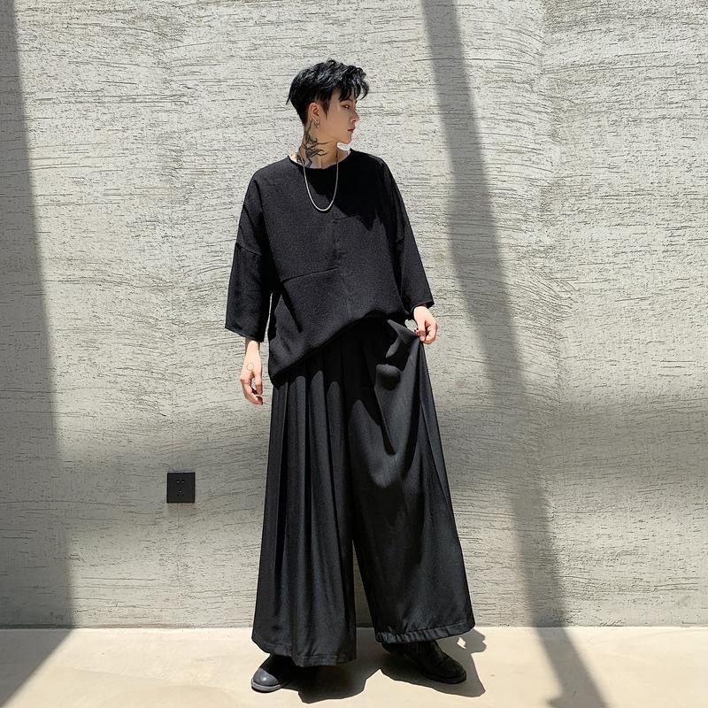 

Ethnic Clothing Men's Pant Japanese Style Solid Black Loose Cotton Soft Wide Leg Pants Summer Hip Hop Folds Casual Fashion Streetwear