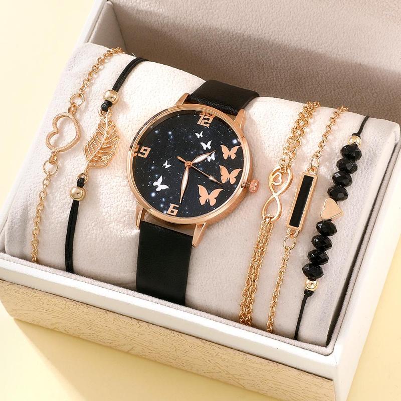 

Wristwatches Fashion Women's Leather Watch Exquisite Butterfly Dial Quartz With Ladies Bracelet Combination Set (Without Box), Black
