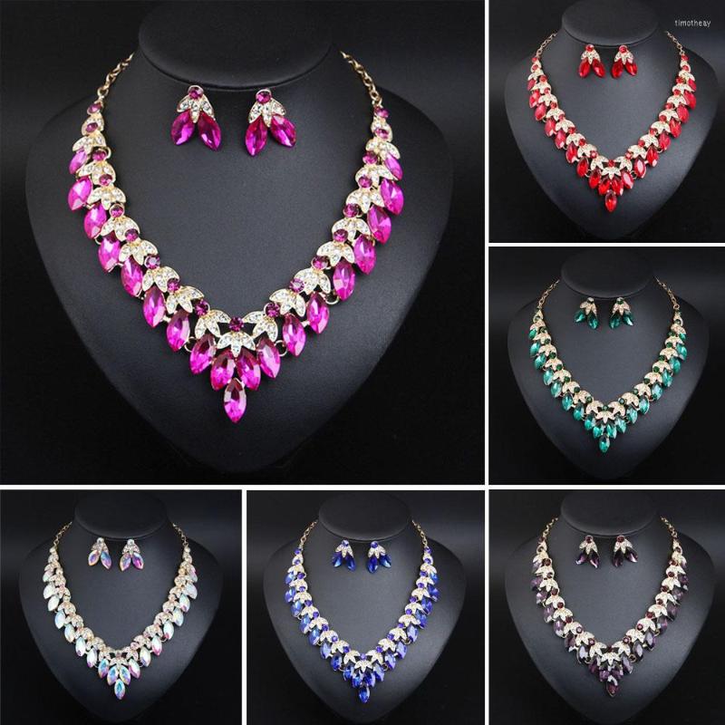 

Necklace Earrings Set 2pcs Crystal For Women Bridal Statement Rhinestone Choker African Wedding Party Accessories, Picture shown