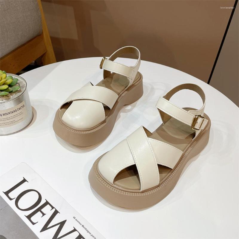 

Sandals Roman Women's Summer Outside Wear 2023 Super Fire Thick Bottoming Cake Bun Head Hollowed Out Beach Shoes, Beige